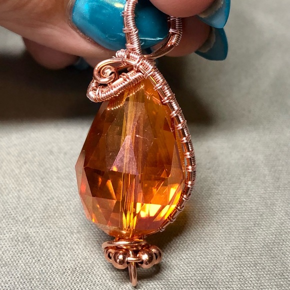 💎Crystal bead pendant wire wrapped-orange and pink-copper - Picture 2 of 14